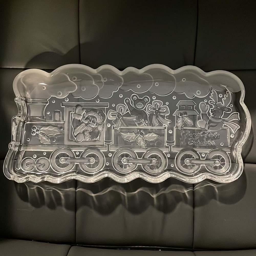 Gorham Crystal Holiday Tradition North Pole Express clear frosted serving tray